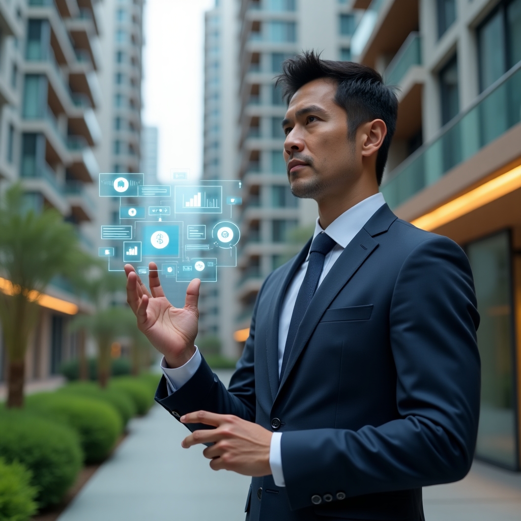 Ultra-realistic condominium manager in a tailored navy suit, set in a modern luxury condominium environment with high-rise buildings and manicured green landscaping, interacting with a floating holographic interface showing chat bubbles, financial graphs, calendar bookings and security camera icons, confident expression, cinematic lighting, shallow depth of field, highly detailed textures, realistic skin, photographic realism, 8k resolution --ar 1:1 --v 6