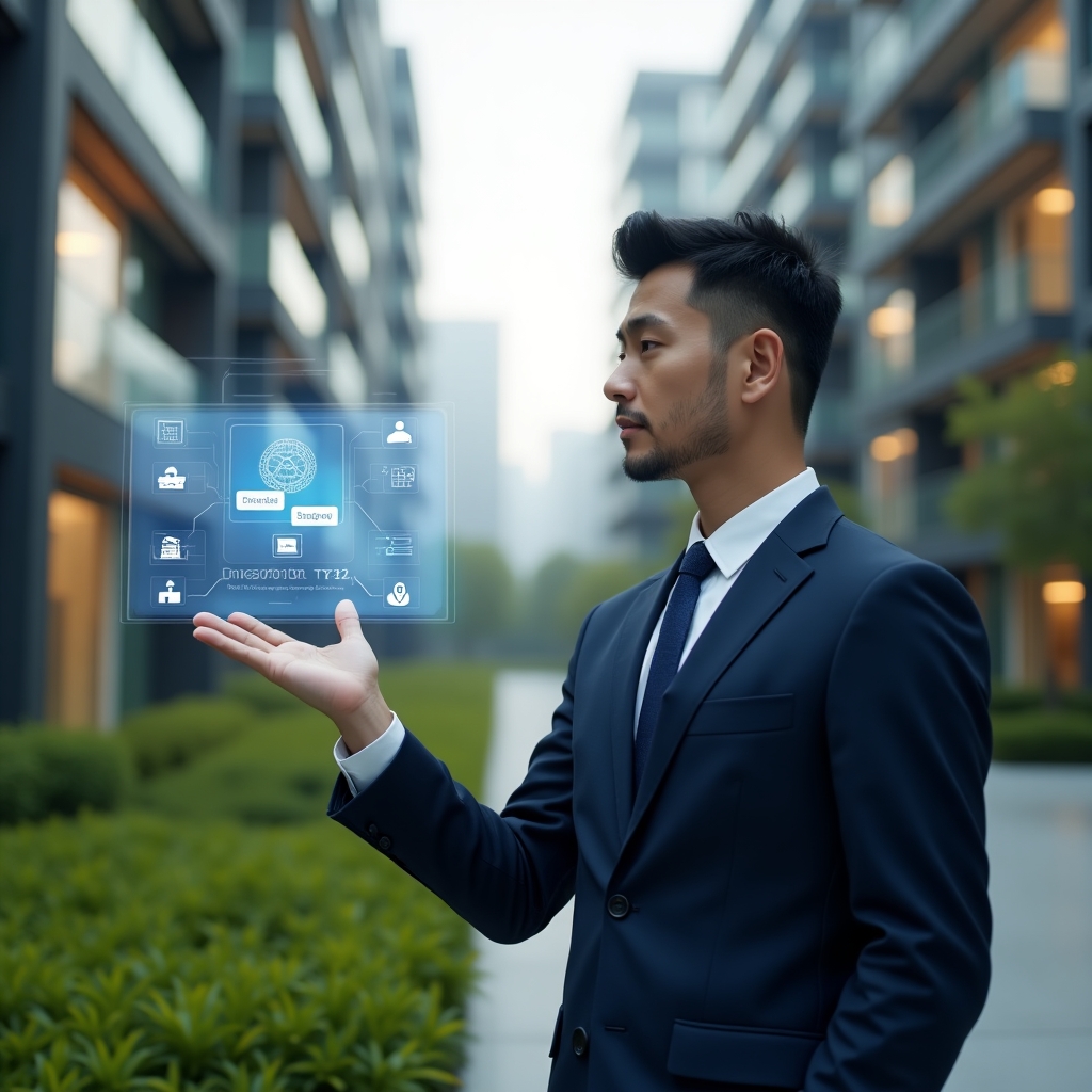 (Ultra-realistic property manager in a tailored navy suit, set in a modern luxury condominium environment with high-rise buildings and manicured green landscaping, confidently interacting with a floating holographic calendar interface showing checkmarks and maintenance icons, cinematic lighting, shallow depth of field, highly detailed textures, realistic skin, photographic realism, 8k resolution --ar 1:1 --v 6)