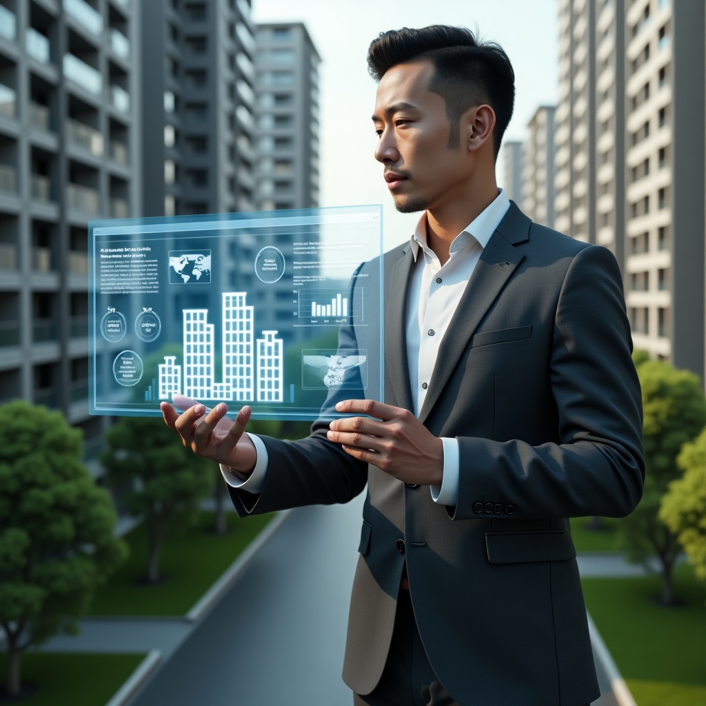 Ultra-realistic condominium manager in a charcoal gray tailored suit, set in a modern luxury condominium environment with high-rise buildings and lush green landscaping, holding and analyzing a semi-transparent holographic dashboard displaying building icons, financial charts and maintenance schedules, confident and focused expression, cinematic lighting, shallow depth of field, highly detailed textures, realistic skin, photographic realism, 8k resolution --ar 1:1 --v 6