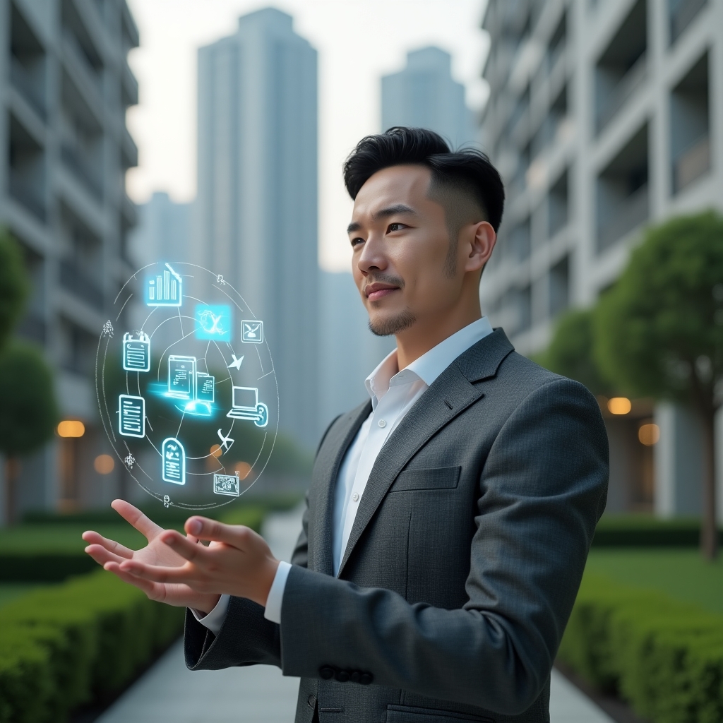 (Ultra-realistic condominium manager in a tailored gray suit, set in a modern luxury condominium environment with high-rise buildings and manicured green landscaping, holding and interacting with floating holographic icons of an app interface, financial graphs and chat bubbles to represent streamlined processes, confident expression, cinematic lighting, shallow depth of field, highly detailed textures, realistic skin, photographic realism, 8k resolution --ar 1:1 --v 6)