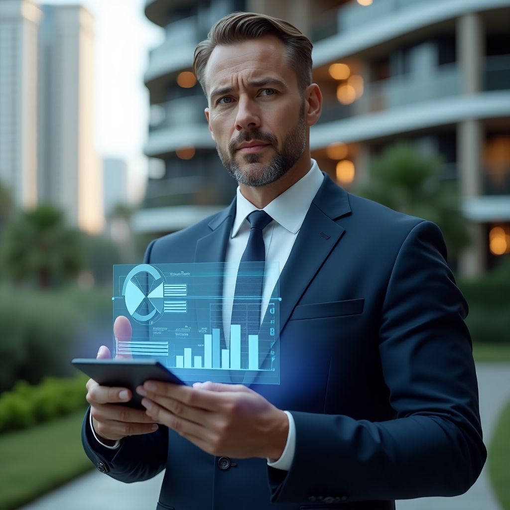 (Ultra-realistic condominium manager in a navy blue executive suit, set in a modern luxury condominium environment with high-rise buildings and manicured gardens, holding and analyzing a transparent holographic financial chart with floating pie graphs and ledger pages, confident and focused expression, cinematic lighting, shallow depth of field, highly detailed textures, realistic skin, photographic realism, 8k resolution --ar 1:1 --v 6)