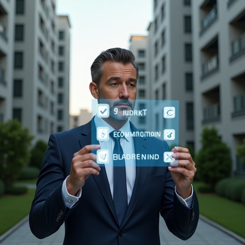 (Ultra-realistic condominium manager in a tailored navy suit, set in a modern luxury condominium environment with high-rise buildings and manicured green landscaping, examining a floating holographic checklist of common management errors with icons for budget, communication, security and maintenance, focused and confident expression, cinematic lighting, shallow depth of field, highly detailed textures, realistic skin, photographic realism, 8k resolution --ar 1:1 --v 6)