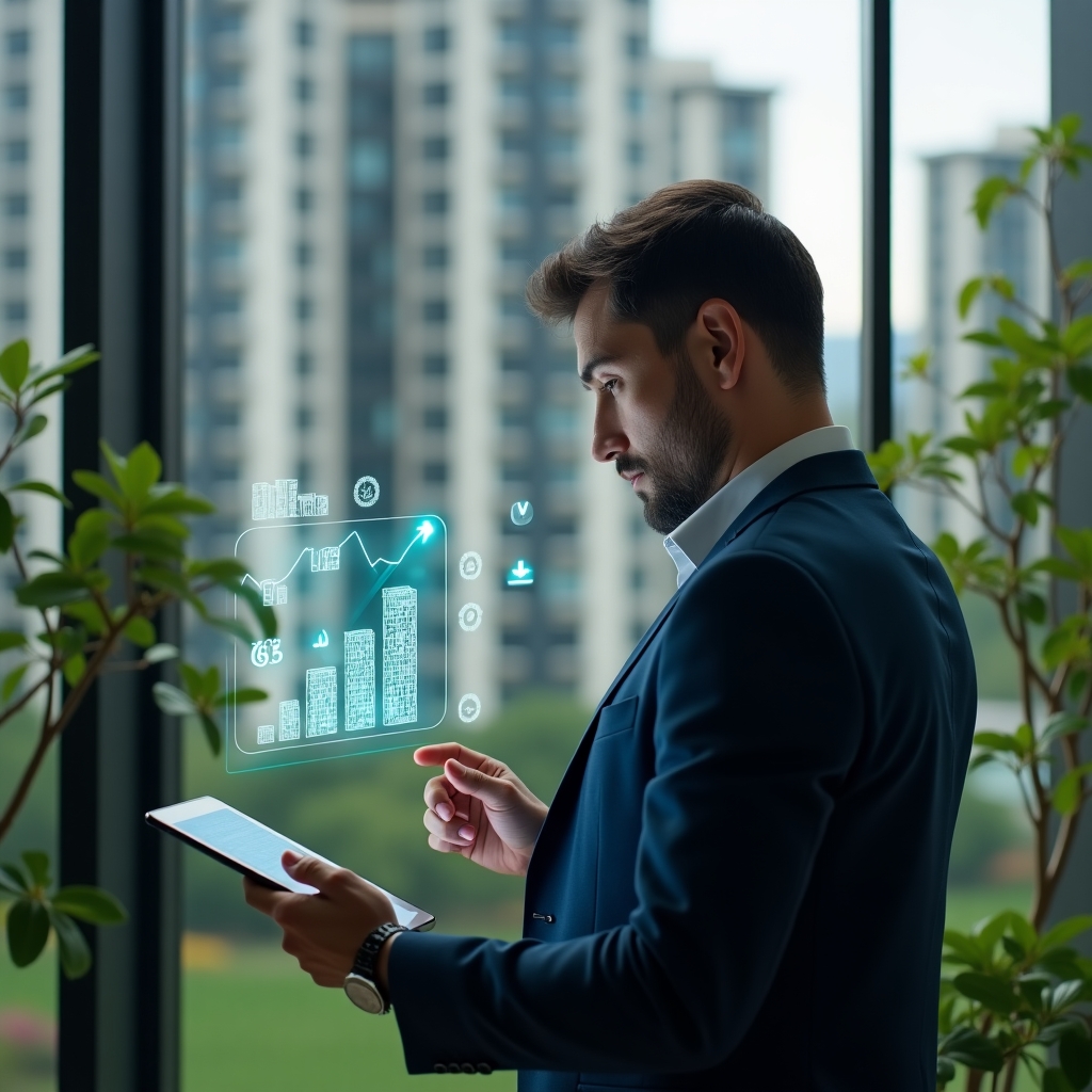 Ultra-realistic condominium manager in a navy suit, set in a modern luxury condominium environment with high-rise buildings and green landscaping, holding a tablet displaying holographic financial charts and cost-saving icons, thoughtfully analyzing budgets, symbolic green downward arrow and coin icons floating around, cinematic lighting, shallow depth of field, highly detailed textures, realistic skin, photographic realism, 8k resolution --ar 1:1 --v 6