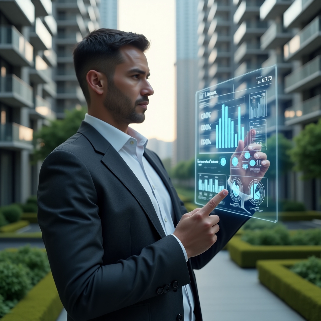 (Ultra-realistic condominium manager in a tailored dark gray suit, set in a modern luxury condominium environment with high-rise buildings and manicured green landscaping, holding and interacting with a transparent holographic dashboard displaying bar charts, pie charts and KPI icons, focused and confident expression as they point to an “inadimplência” metric, cinematic lighting, shallow depth of field, highly detailed textures, realistic skin, photographic realism, 8k resolution --ar 1:1 --v 6)