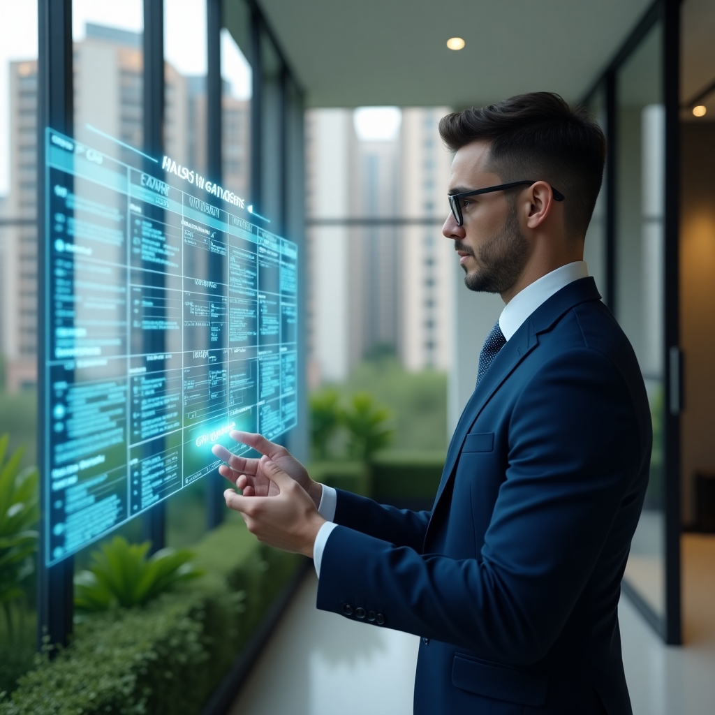 Ultra-realistic condominium manager in a navy blue executive suit, set in a modern luxury condominium environment with high-rise buildings and green landscaping, confidently examining a holographic calendar interface displaying scheduled maintenance, assemblies and events, with floating timeline icons and task markers, cinematic lighting, shallow depth of field, highly detailed textures, realistic skin, photographic realism, 8k resolution --ar 1:1 --v 6