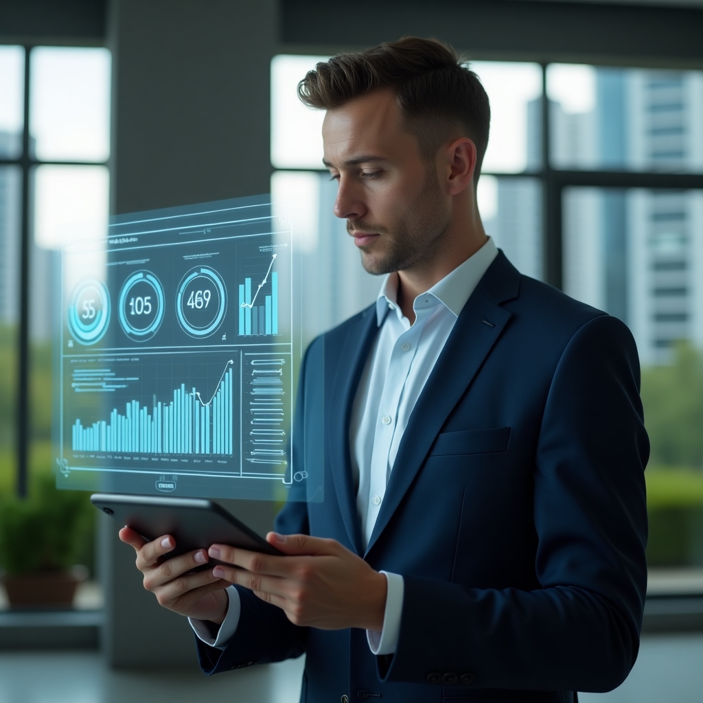 (Ultra-realistic condominium manager in a navy tailored suit, set in a modern luxury condominium environment with high-rise buildings and manicured green gardens, standing confidently in a control room reviewing a floating holographic budget dashboard with pie charts and line graphs, a transparent tablet displaying expense forecasts in hand, inspired and focused expression, cinematic lighting, shallow depth of field, highly detailed textures, realistic skin, photographic realism, 8k resolution --ar 1:1 --v 6)