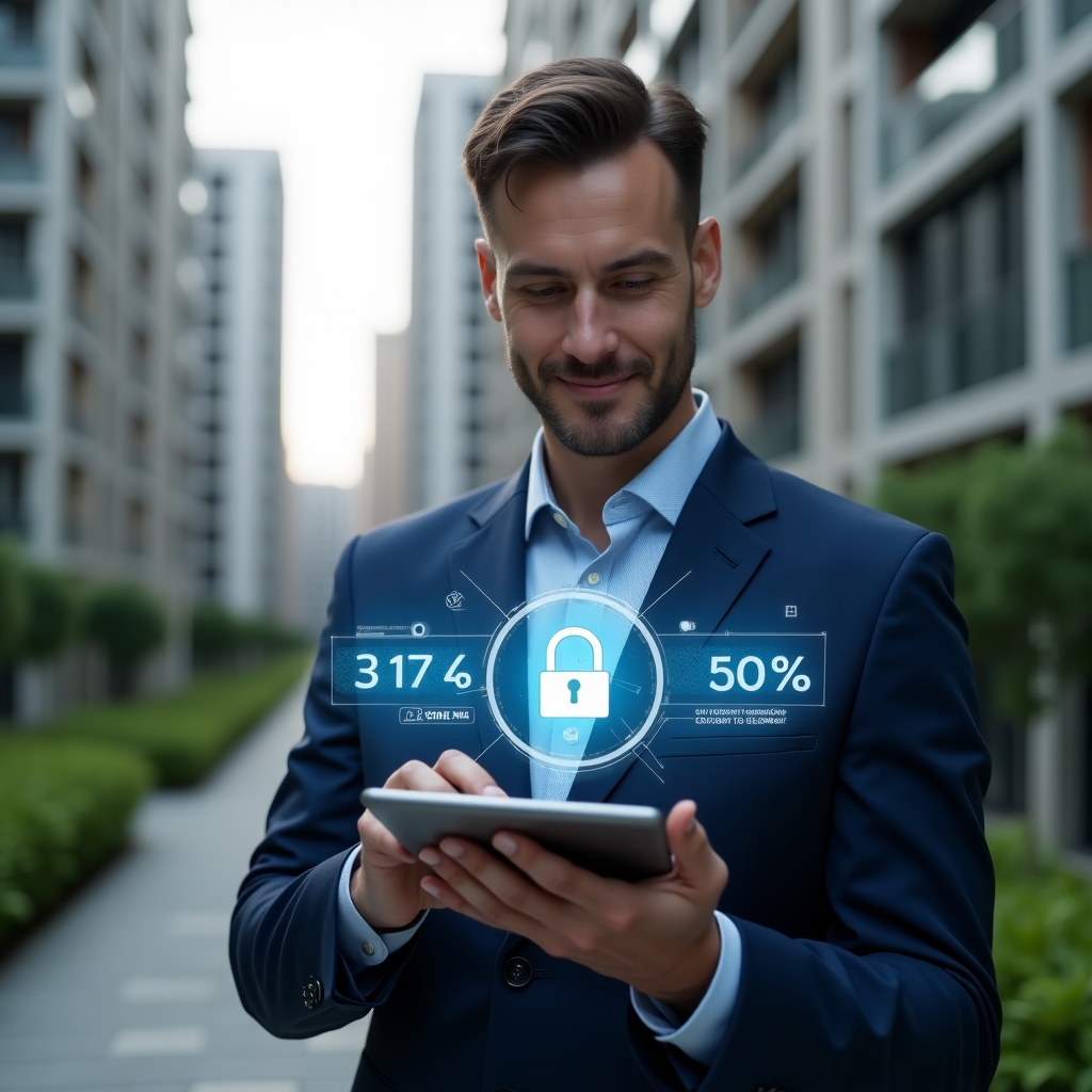 (Ultra-realistic condominium manager in a navy blue suit, set in a modern luxury condominium environment with high-rise buildings and lush green landscaping, holding a tablet displaying holographic financial charts and a glowing padlock icon to symbolize transparency and security, confidently analyzing data with a slight smile, cinematic lighting, shallow depth of field, highly detailed textures, realistic skin, photographic realism, 8k resolution --ar 1:1 --v 6)