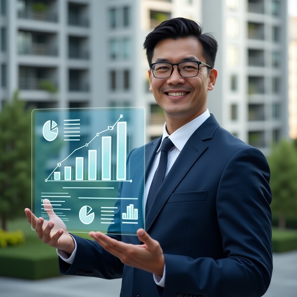 (Ultra-realistic condominium manager in a navy executive suit, set in a modern luxury condominium environment with high-rise buildings and lush green landscaping, holding a holographic financial report with transparent charts and graphs as if presenting to residents, confident and approachable expression, floating pie chart and bar graph icons around, cinematic lighting, shallow depth of field, highly detailed textures, realistic skin, photographic realism, 8k resolution --ar 1:1 --v 6)