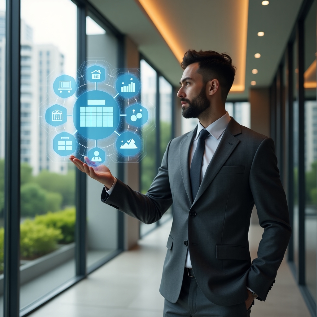 Ultra-realistic property manager in a charcoal gray suit, set in a modern luxury condominium environment with high-rise buildings and green landscaping, standing confidently in a lobby area while interacting with a floating holographic dashboard displaying six automation icons, inspired by smart building management, futuristic holograms of financial graphs and reservation calendars swirling around, cinematic lighting, shallow depth of field, highly detailed textures, realistic skin, photographic realism, 8k resolution --ar 1:1 --v 6