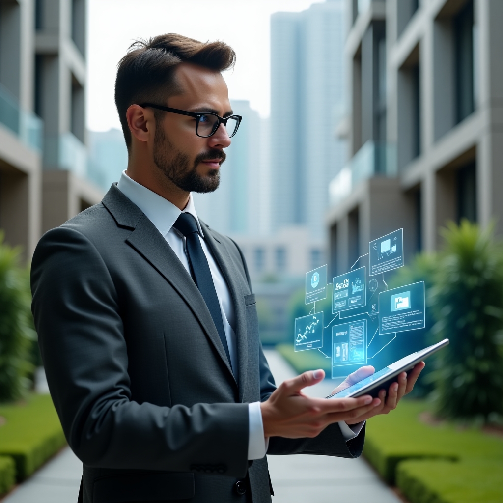 (Ultra-realistic condominium manager in a charcoal gray executive suit, set in a modern luxury condominium environment with high-rise buildings and manicured green landscaping, holding a tablet displaying holographic financial charts and communication icons, gesturing confidently toward floating digital dashboards symbolizing integrated processes and real-time updates, cinematic lighting, shallow depth of field, highly detailed textures, realistic skin, photographic realism, 8k resolution --ar 1:1 --v 6)