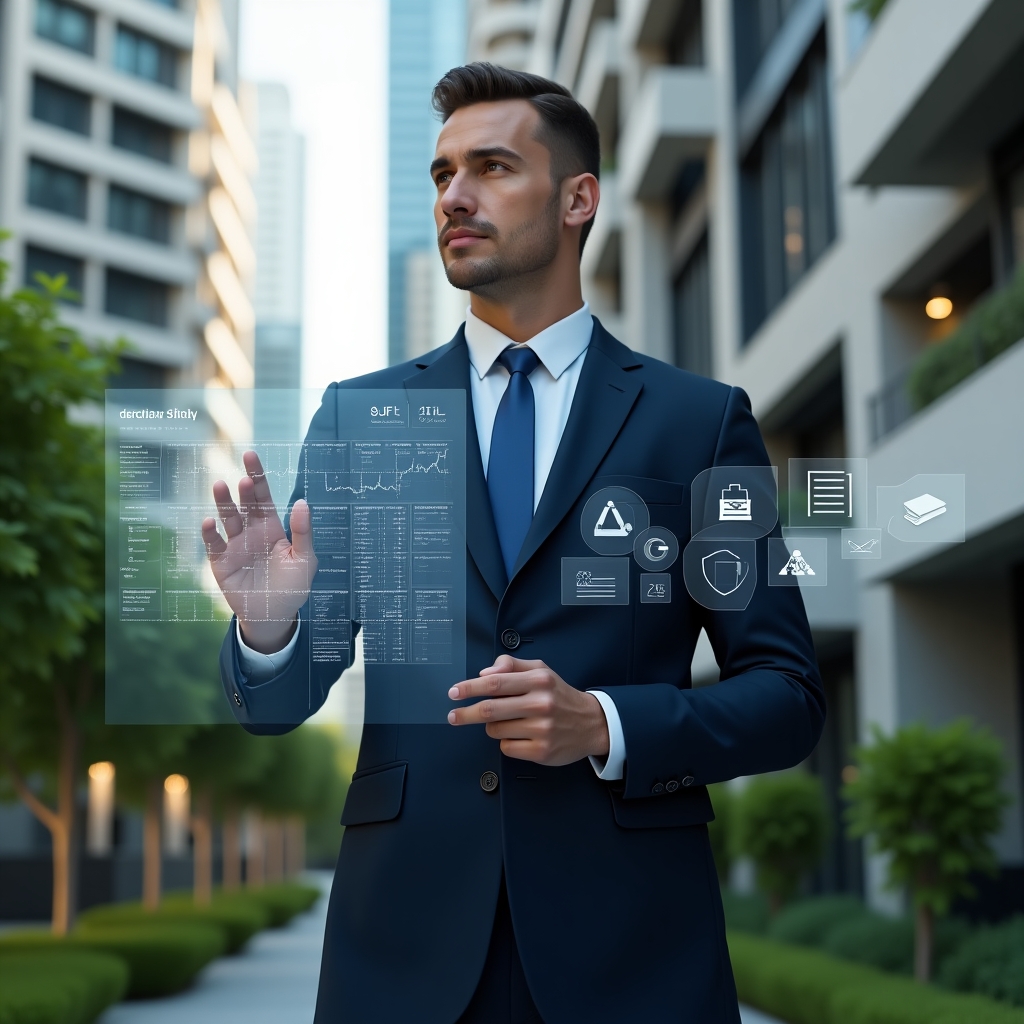 (Ultra-realistic condominium manager in a tailored navy suit, set in a modern luxury condominium environment with high-rise buildings and manicured green landscaping, confidently interacting with a holographic digital dashboard displaying building plans and assembly schedules, floating icons of a gavel and rulebook symbolizing internal regulations, cinematic lighting, shallow depth of field, highly detailed textures, realistic skin, photographic realism, 8k resolution --ar 1:1 --v 6)