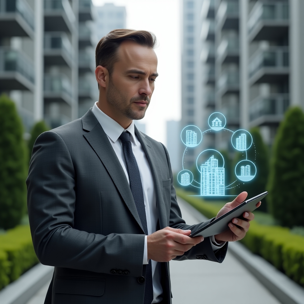 (Ultra-realistic condominium manager in a charcoal gray suit, set in a modern luxury condominium environment with high-rise buildings and manicured green landscaping, holding a digital tablet displaying holographic building and financial management icons, analyzing data with a confident, thoughtful expression, floating holographic charts and community engagement symbols beside, cinematic lighting, shallow depth of field, highly detailed textures, realistic skin, photographic realism, 8k resolution --ar 1:1 --v 6)