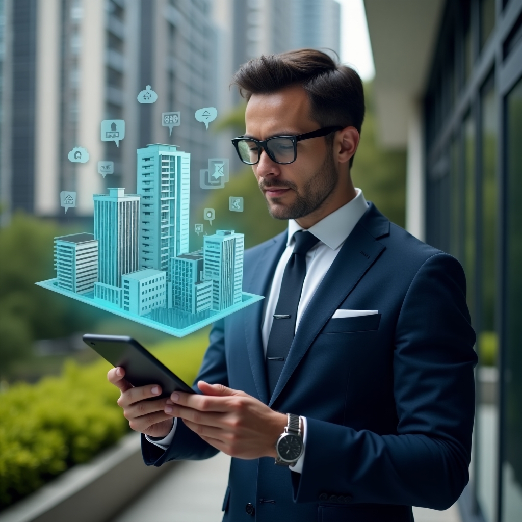 Ultra-realistic condominium manager in a tailored navy suit, set in a modern luxury condominium environment with high-rise buildings and manicured green landscaping, holding a smartphone displaying a holographic app interface with financial charts and notification icons, confidently analyzing data, symbolic floating hologram of apartment buildings and communication icons, cinematic lighting, shallow depth of field, highly detailed textures, realistic skin, photographic realism, 8k resolution --ar 1:1 --v 6