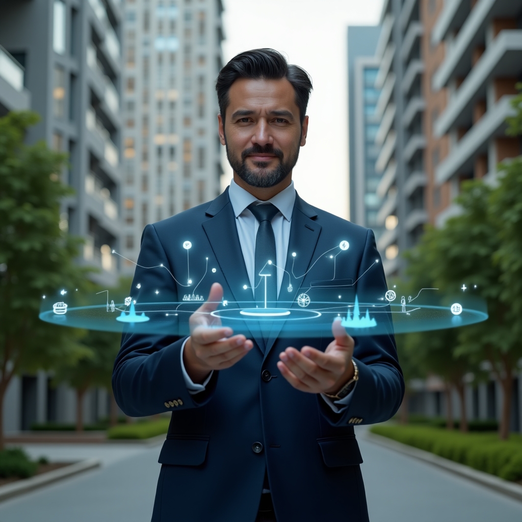 Ultra-realistic condominium manager in a tailored navy suit, set in a modern luxury condominium environment with high-rise buildings and manicured green spaces, interacting with a floating holographic apartment management interface, projecting icons for reservations, finance and communication, confident expression, cinematic lighting, shallow depth of field, highly detailed textures, realistic skin, photographic realism, 8k resolution --ar 1:1 --v 6