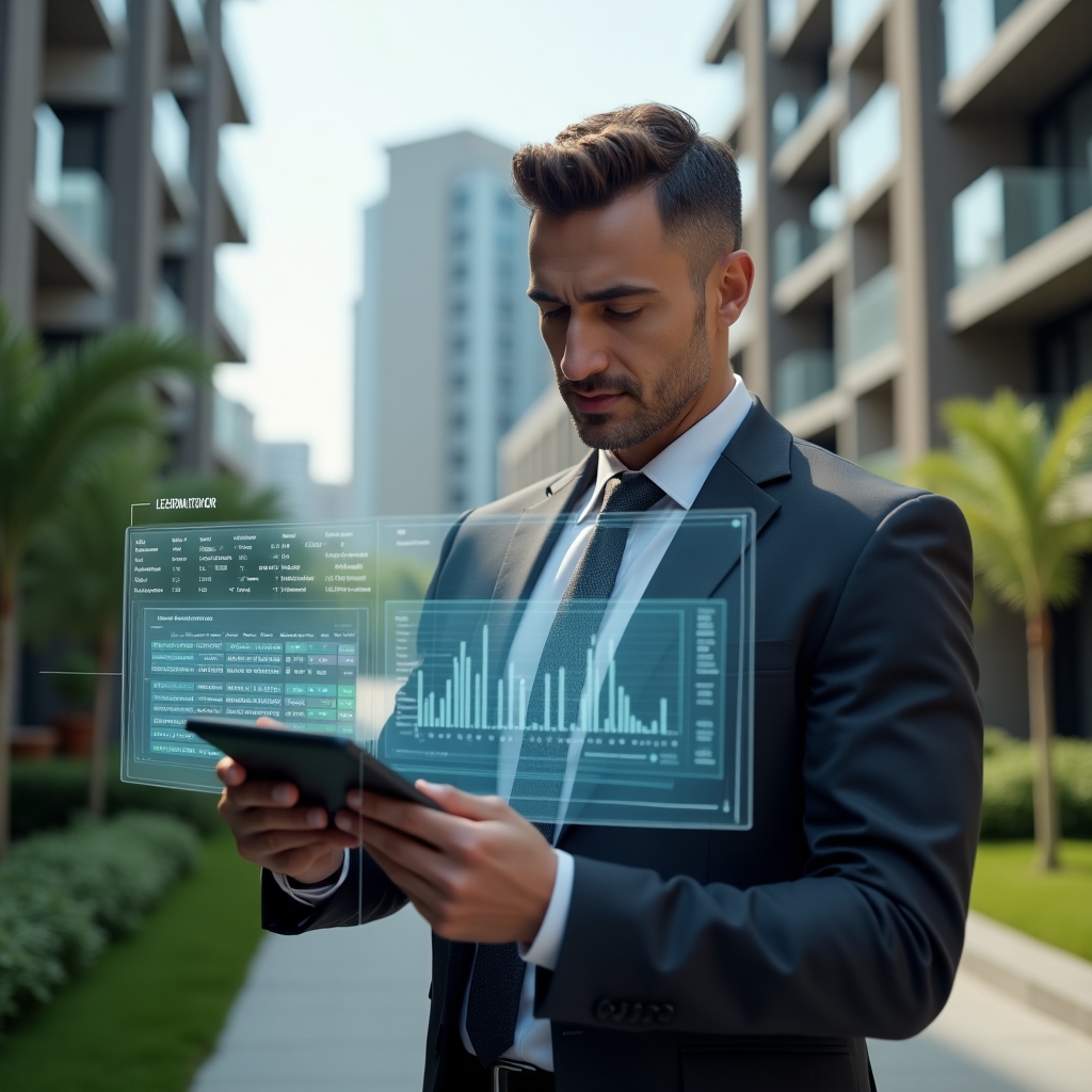 (Ultra-realistic property manager in a charcoal gray suit, set in a modern luxury condominium environment with high-rise buildings and manicured green landscaping, holding a tablet and analyzing a holographic financial dashboard contrasting a digital spreadsheet grid and app icons, confident and focused expression, cinematic lighting, shallow depth of field, highly detailed textures, realistic skin, photographic realism, 8k resolution --ar 1:1 --v 6)
