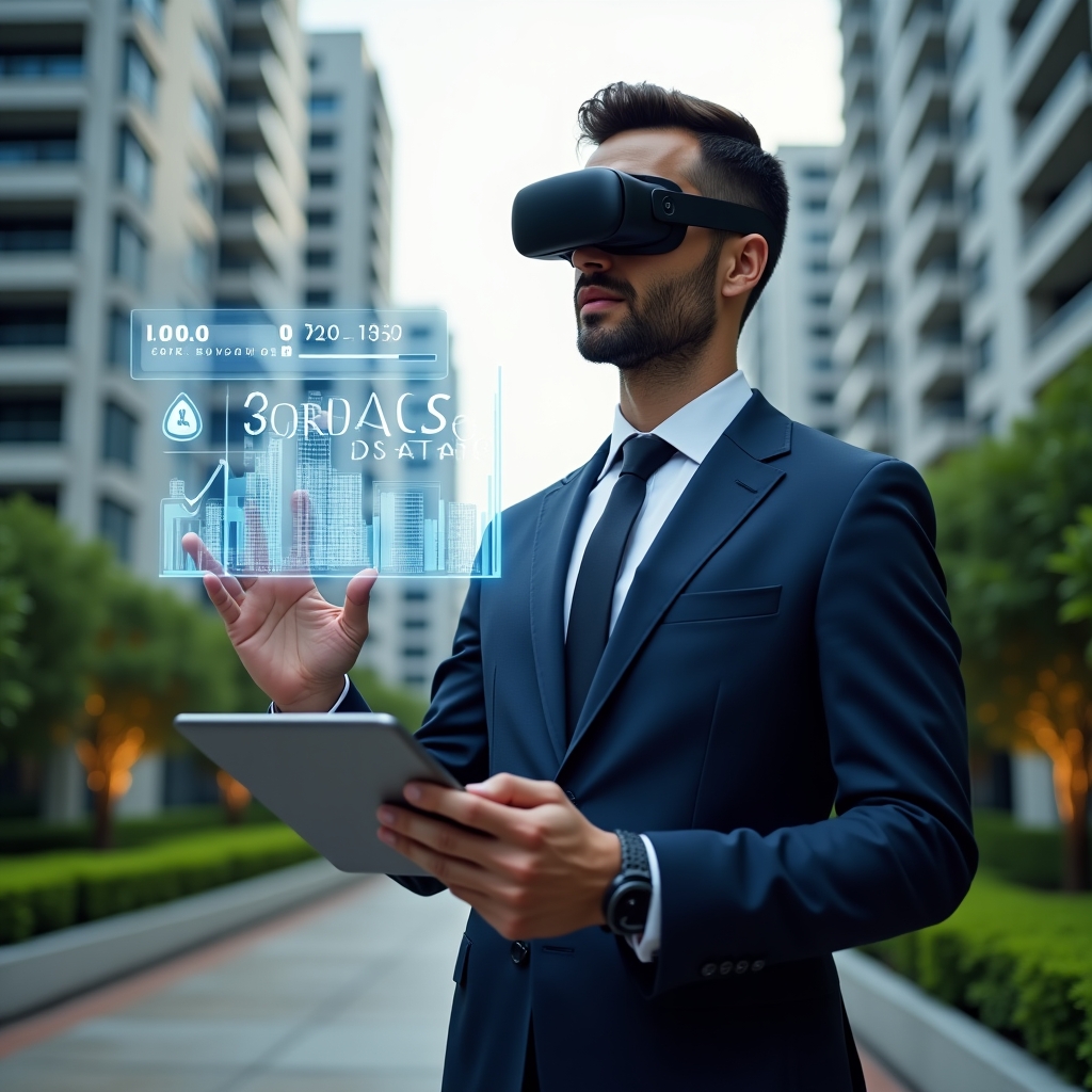 (Ultra-realistic condo manager in a tailored navy suit, set in a modern luxury condominium environment with high-rise buildings and pristine green landscaping, confidently interacting with a floating holographic interface displaying building layouts and cost-reduction graphs, holding a sleek tablet showcasing a digital management app, cinematic lighting, shallow depth of field, highly detailed textures, realistic skin, photographic realism, 8k resolution --ar 1:1 --v 6)