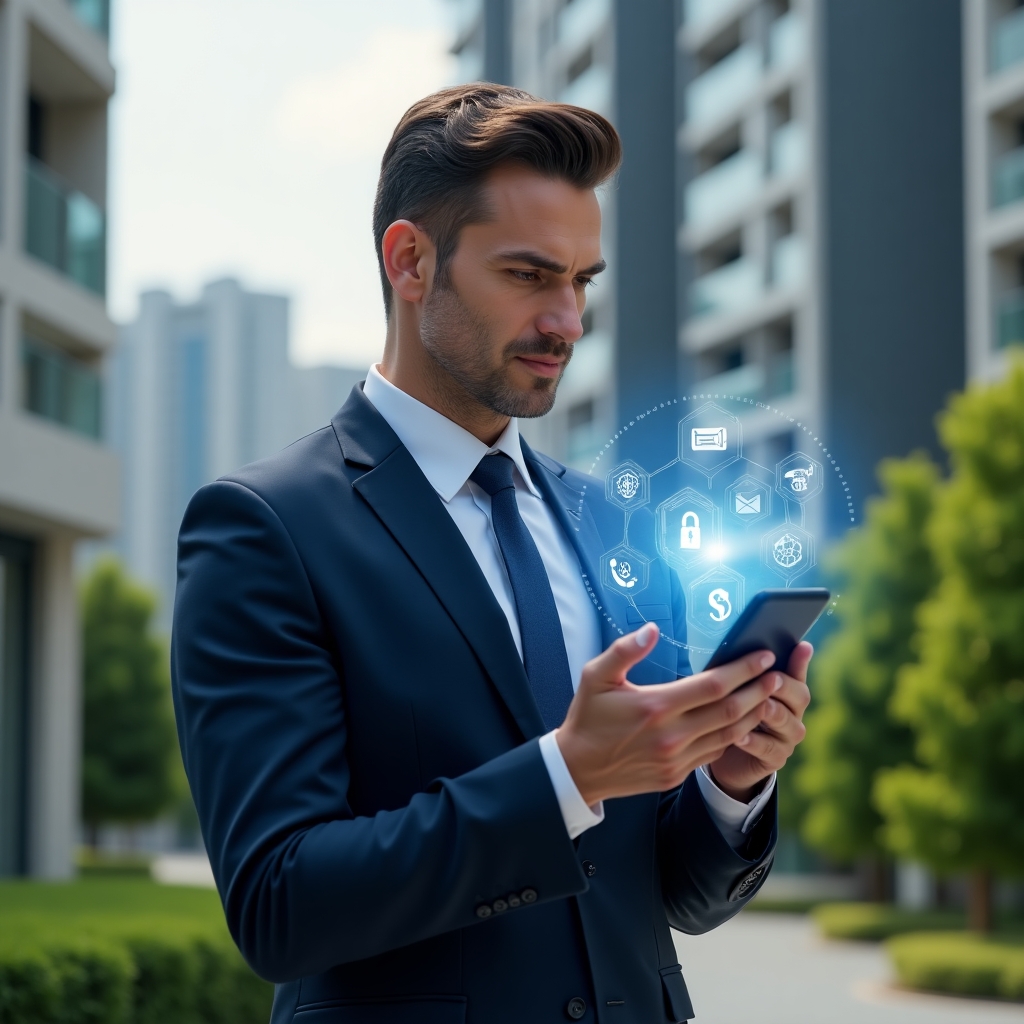 (Ultra-realistic condominium manager in a navy blue executive suit, set in a modern luxury condominium environment with high-rise buildings and manicured green landscaping, holding a smartphone that projects holographic icons representing communication, financial charts, and security locks, confident and focused expression, cinematic lighting, shallow depth of field, highly detailed textures, realistic skin, photographic realism, 8k resolution --ar 1:1 --v 6)