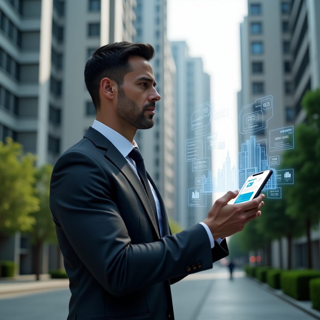 (Ultra-realistic property manager in a charcoal suit, set in a modern luxury condominium environment with high-rise buildings and meticulously landscaped greenery, analyzing holographic data screens displaying performance graphs and building icons, a hovering holographic smartphone interface showing an intuitive app dashboard, expression confident and inspired, cinematic lighting, shallow depth of field, highly detailed textures, realistic skin, photographic realism, 8k resolution --ar 1:1 --v 6)