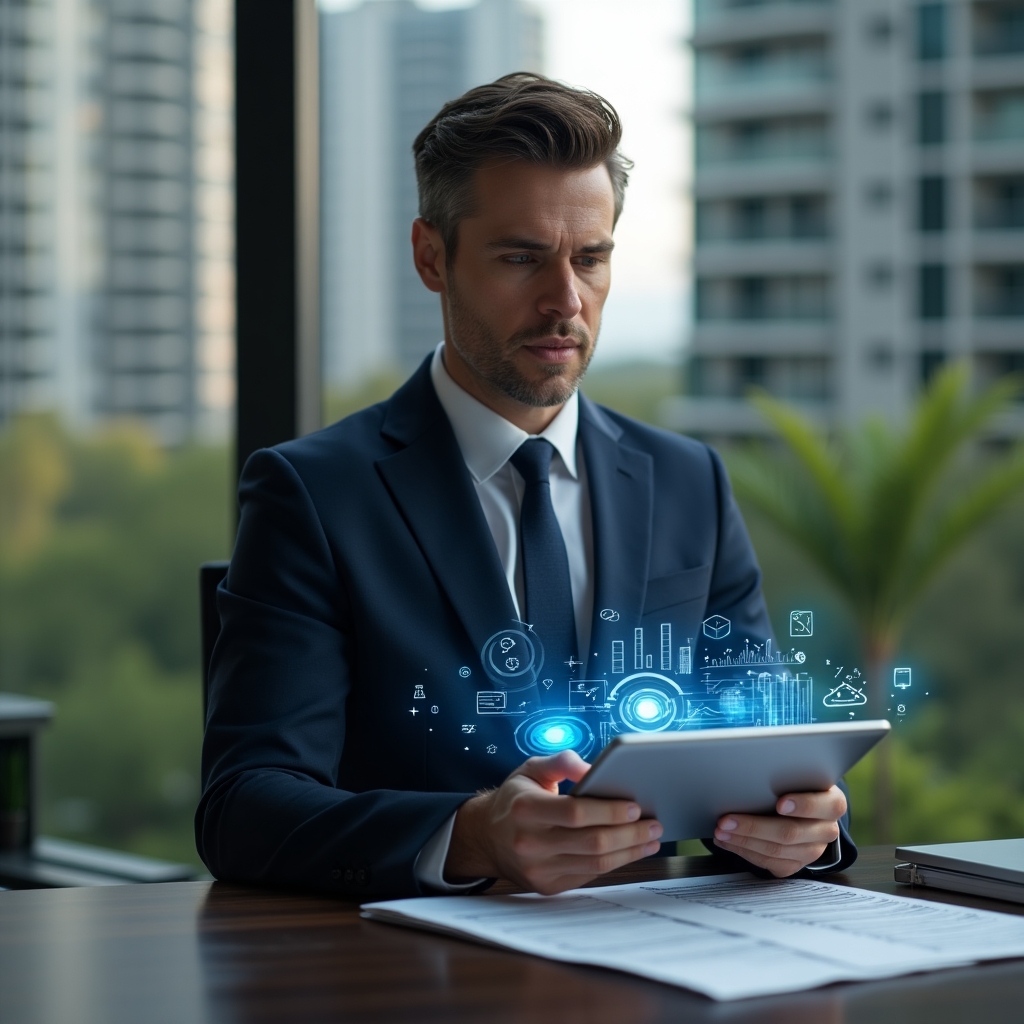 (Ultra-realistic condominium manager in a tailored navy suit, set in a modern luxury condominium environment with high-rise buildings and meticulously landscaped gardens, holding a sleek tablet displaying holographic charts and icons that contrast with scattered paper spreadsheets on a polished desk, conveying confidence and insight, cinematic lighting, shallow depth of field, highly detailed textures, realistic skin, photographic realism, 8k resolution --ar 1:1 --v 6)