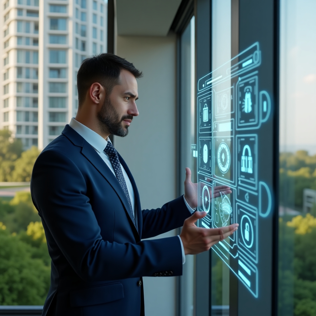 Ultra-realistic condominium manager in a tailored navy suit, set in a modern luxury condominium environment with high-rise buildings and lush green landscaping, confidently interacting with a holographic control panel displaying building automation icons, security locks and clock symbols to symbolize time savings, cinematic lighting, shallow depth of field, highly detailed textures, realistic skin, photographic realism, 8k resolution --ar 1:1 --v 6