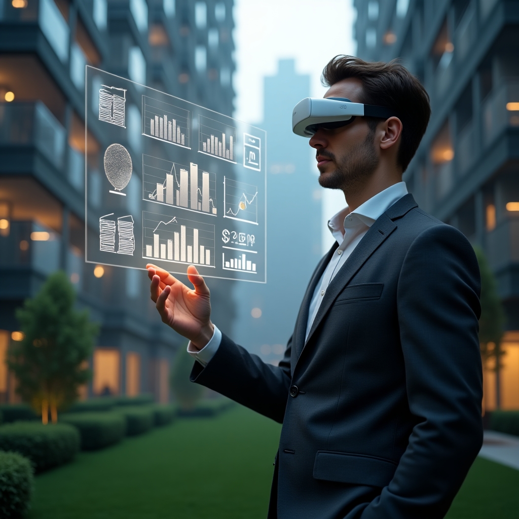 (Ultra-realistic condominium manager in a dark gray executive suit, set in a modern luxury condominium environment with high-rise buildings and manicured green landscaping, mid-shot close-up view, confidently analyzing holographic financial reports and interactive charts floating before them, with glowing icons of spreadsheets, graphs and a digital ledger symbolizing automated accounting, cinematic lighting, shallow depth of field, highly detailed textures, realistic skin, photographic realism, 8k resolution --ar 1:1 --v 6)