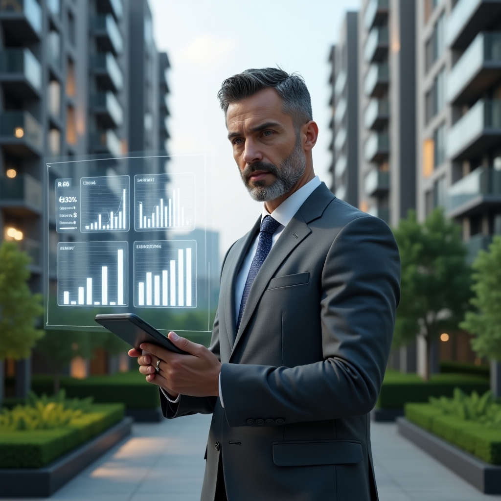 Ultra-realistic condominium manager in a charcoal gray suit, set in a modern luxury condominium environment with high-rise buildings and green landscaping, holding a tablet and reviewing a floating holographic checklist of financial reports and graphs symbolizing transparency, cinematic lighting, shallow depth of field, highly detailed textures, realistic skin, photographic realism, 8k resolution --ar 1:1 --v 6