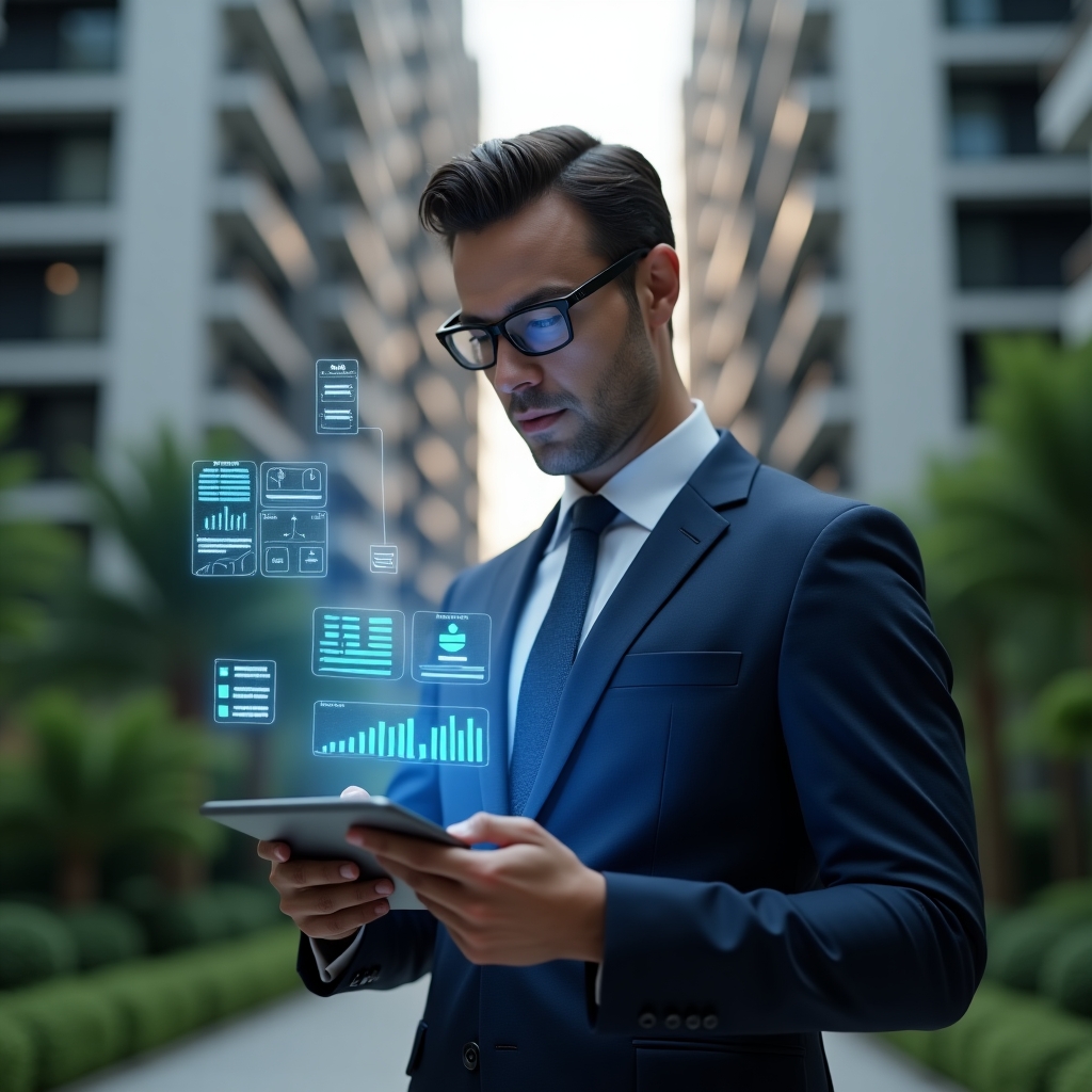 (Ultra-realistic condominium manager in a navy blue business suit, set in a modern luxury condominium environment with high-rise buildings and lush green landscaping, medium shot of the manager reviewing a tablet displaying holographic financial charts and checklists, holographic icons of documents and reports floating around, confident and focused expression, cinematic lighting, shallow depth of field, highly detailed textures, realistic skin, photographic realism, 8k resolution --ar 1:1 --v 6)