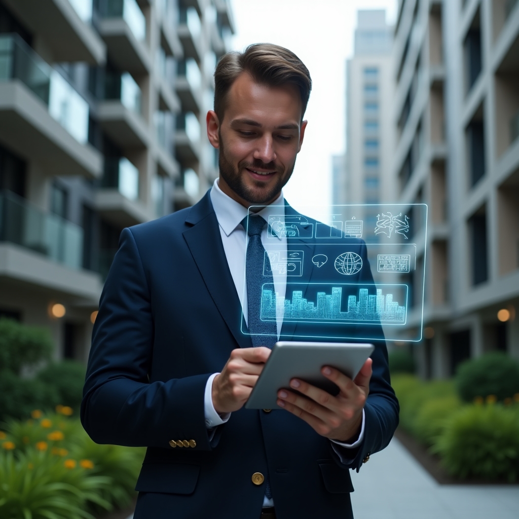 (Ultra-realistic condominium property manager in a tailored navy blue suit, set in a modern luxury condominium environment with high-rise buildings and lush green landscaping, holding a tablet and reviewing a floating holographic checklist interface with icons of graphs and building schematics, confident and focused expression, cinematic lighting, shallow depth of field, highly detailed textures, realistic skin, photographic realism, 8k resolution --ar 1:1 --v 6)