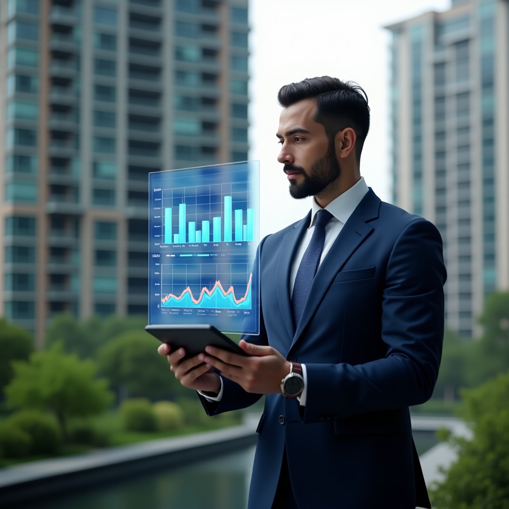 Ultra-realistic condominium manager in a navy blue tailored suit, set in a modern luxury condominium environment with high-rise buildings and green landscaping, holding a digital tablet and analyzing a floating holographic financial report with charts and graphs, conveying confidence and precision, cinematic lighting, shallow depth of field, highly detailed textures, realistic skin, photographic realism, 8k resolution --ar 1:1 --v 6
