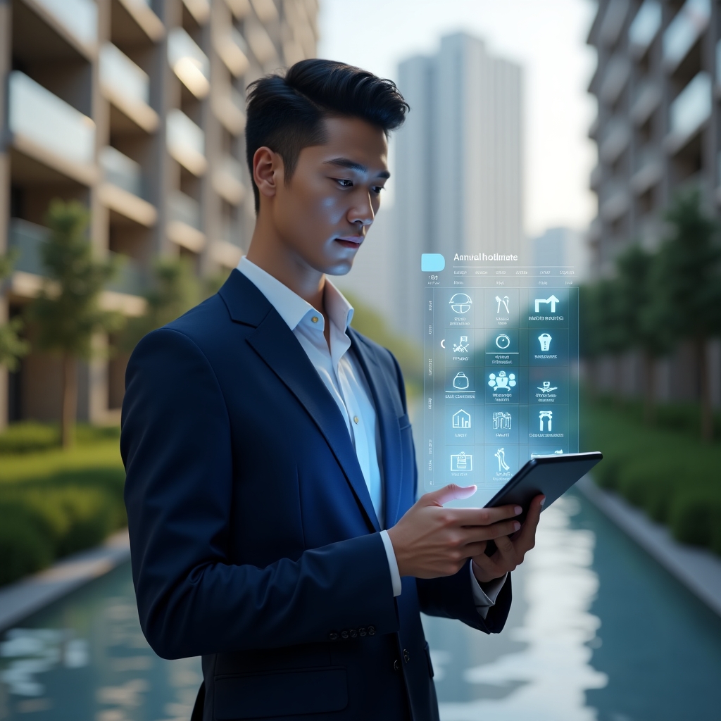 Ultra-realistic condominium manager in a navy blue executive suit, set in a modern luxury condominium environment with high-rise buildings and meticulously landscaped gardens, standing in a medium close-up pose while interacting with a holographic annual calendar checklist projected from a tablet, symbols of maintenance tools and event icons floating around, confident and focused expression, cinematic lighting, shallow depth of field, highly detailed textures, realistic skin, photographic realism, 8k resolution --ar 1:1 --v 6