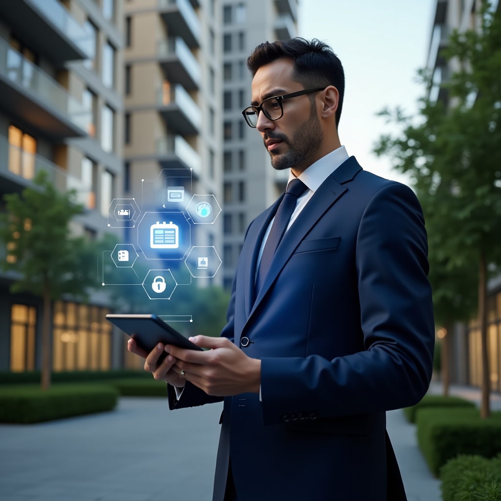 Ultra-realistic condominium manager in a navy blue executive suit, set in a modern luxury condominium environment with high-rise buildings and meticulously landscaped greenery, holding a digital tablet displaying a floating holographic checklist and calendar icons, confidently reviewing the schedule of maintenance, assemblies, and events, cinematic lighting, shallow depth of field, highly detailed textures, realistic skin, photographic realism, 8k resolution --ar 1:1 --v 6