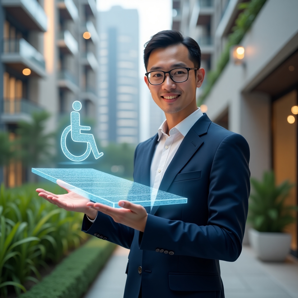 Ultra-realistic condominium manager in a navy blue suit, set in a modern luxury condominium environment with high-rise buildings and lush green landscaping, presenting a holographic 3D model of an accessible ramp and tactile flooring, wheelchair icon and inclusive signage floating beside them, confident and welcoming expression, cinematic lighting, shallow depth of field, highly detailed textures, realistic skin, photographic realism, 8k resolution --ar 1:1 --v 6