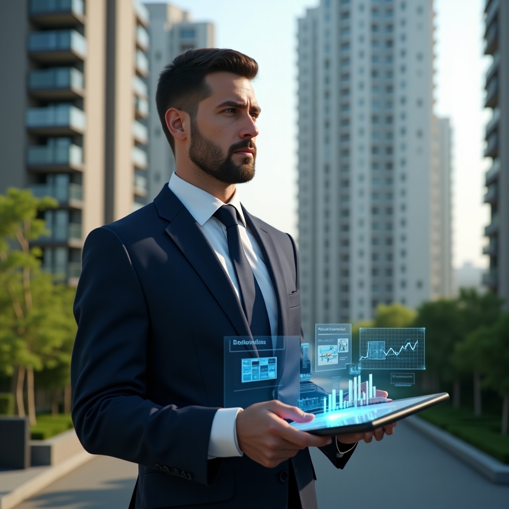 (Ultra-realistic condominium manager in a sleek navy suit, set in a modern luxury condominium environment with high-rise buildings and green landscaping, holding a digital tablet displaying holographic cost-saving charts and blueprints, looking thoughtful and confident, cinematic lighting, shallow depth of field, highly detailed textures, realistic skin, photographic realism, 8k resolution --ar 1:1 --v 6)