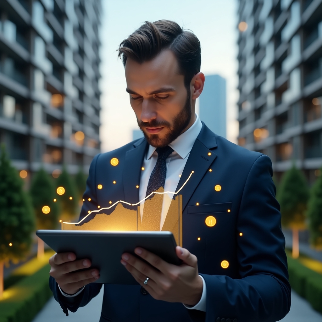 Ultra-realistic condominium manager in a navy executive suit, set in a modern luxury condominium environment with high-rise buildings and manicured green landscaping, holding a tablet displaying a holographic downward-trending cost chart, analyzing with a thoughtful, confident expression, surrounded by floating icons of tools and coins symbolizing budget savings, cinematic lighting, shallow depth of field, highly detailed textures, realistic skin, photographic realism, 8k resolution --ar 1:1 --v 6