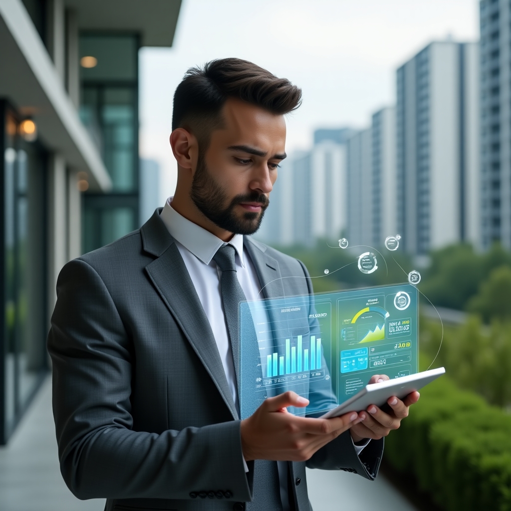 (Ultra-realistic condominium manager in a tailored gray suit, set in a modern luxury condominium environment with high-rise buildings and meticulously landscaped greenery, holding a transparent tablet displaying holographic cost-reduction charts and budget graphs, analyzing data with a confident, focused expression, floating icons of maintenance tools, energy bolts and service invoices orbiting around the device, cinematic lighting, shallow depth of field, highly detailed textures, realistic skin, photographic realism, 8k resolution --ar 1:1 --v 6)