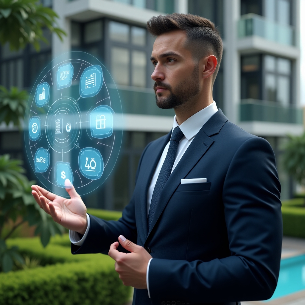 Ultra-realistic condominium manager in a navy executive suit, set in a modern luxury condominium environment with high-rise buildings and lush green landscaping, interacting with a floating holographic interface displaying icons for financial charts, chat bubbles, calendar reservations, maintenance tools and data analytics, confident and focused expression, cinematic lighting, shallow depth of field, highly detailed textures, realistic skin, photographic realism, 8k resolution --ar 1:1 --v 6
