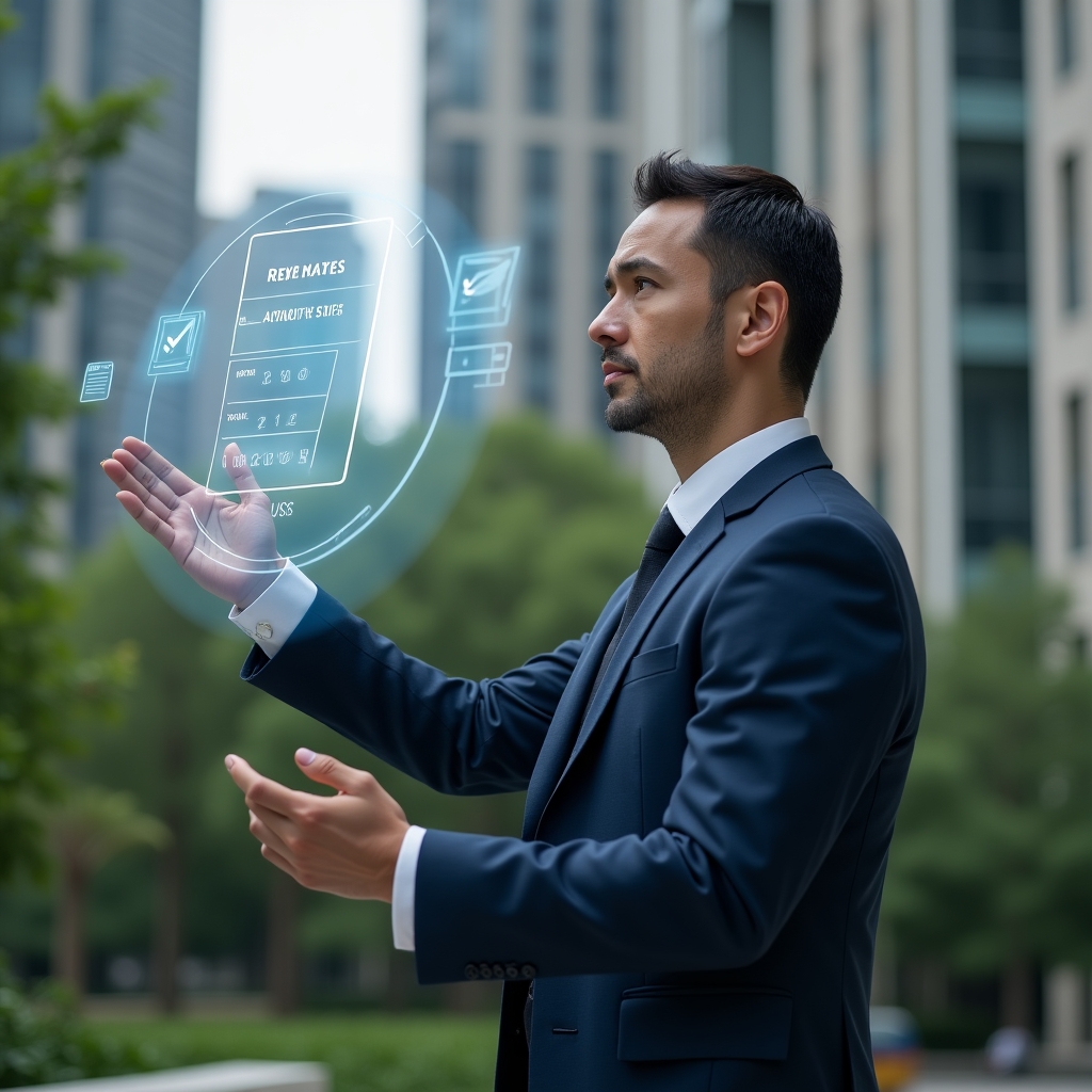 (Ultra-realistic condominium manager in a dark blue suit, set in a modern luxury condominium environment with high-rise buildings and lush green landscaping, interacting with a floating holographic activity schedule, calendar icons and checkmark symbols orbiting around, confident and focused expression, cinematic lighting, shallow depth of field, highly detailed textures, realistic skin, photographic realism, 8k resolution --ar 1:1 --v 6)