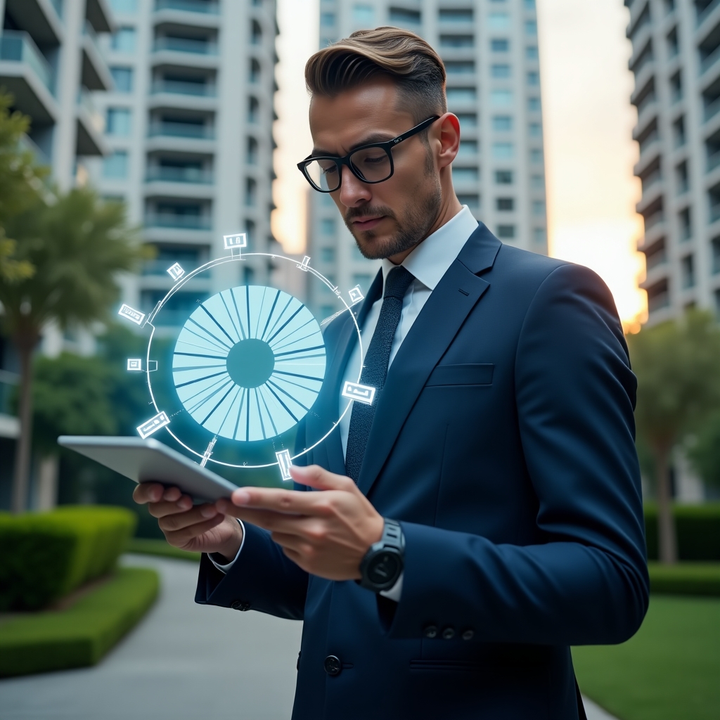 Ultra-realistic condominium manager in a navy blue suit, set in a modern luxury condominium environment with high-rise buildings and lush green landscaping, analyzing a holographic pie chart representing fractional ownership and expense allocation, floating millesimal fraction icons around him, confident and focused expression, cinematic lighting, shallow depth of field, highly detailed textures, realistic skin, photographic realism, 8k resolution --ar 1:1 --v 6