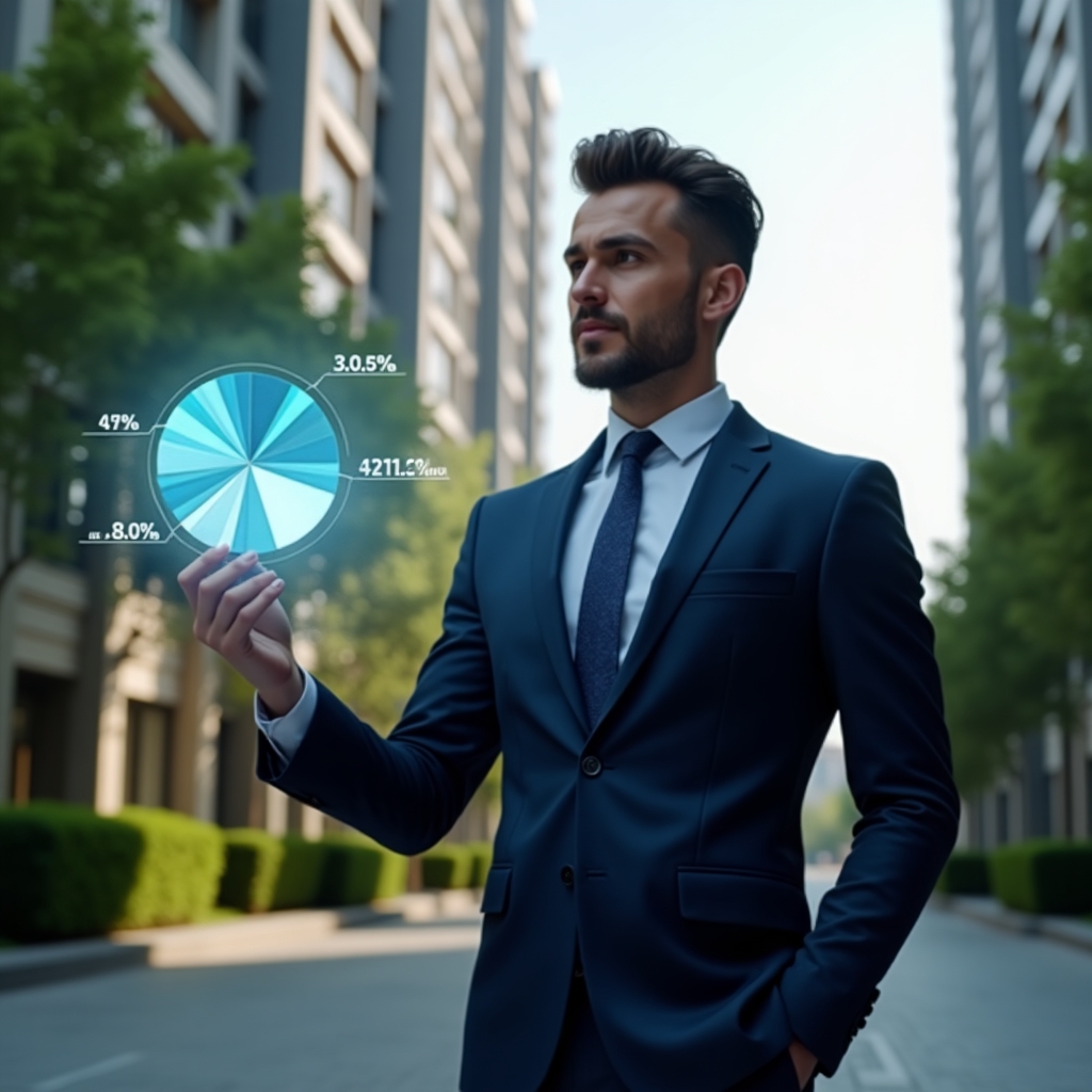 Ultra-realistic condominium manager in a tailored navy blue suit, set in a modern luxury condominium environment with high-rise buildings and lush green landscaping, examining a floating holographic pie chart illustrating fractional shares of condominium fees, confident and analytical expression, cinematic lighting, shallow depth of field, highly detailed textures, realistic skin, photographic realism, 8k resolution --ar 1:1 --v 6