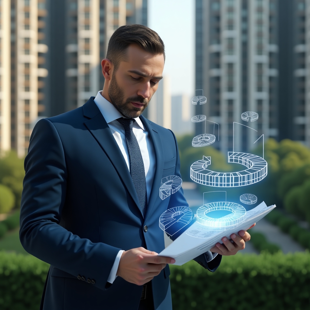 Ultra-realistic condominium manager in a navy suit, set in a modern luxury condominium environment with high-rise buildings and green landscaping, studying a holographic pie chart and blueprints representing ideal apartment fractions, confident and focused expression, cinematic lighting, shallow depth of field, highly detailed textures, realistic skin, photographic realism, 8k resolution --ar 1:1 --v 6