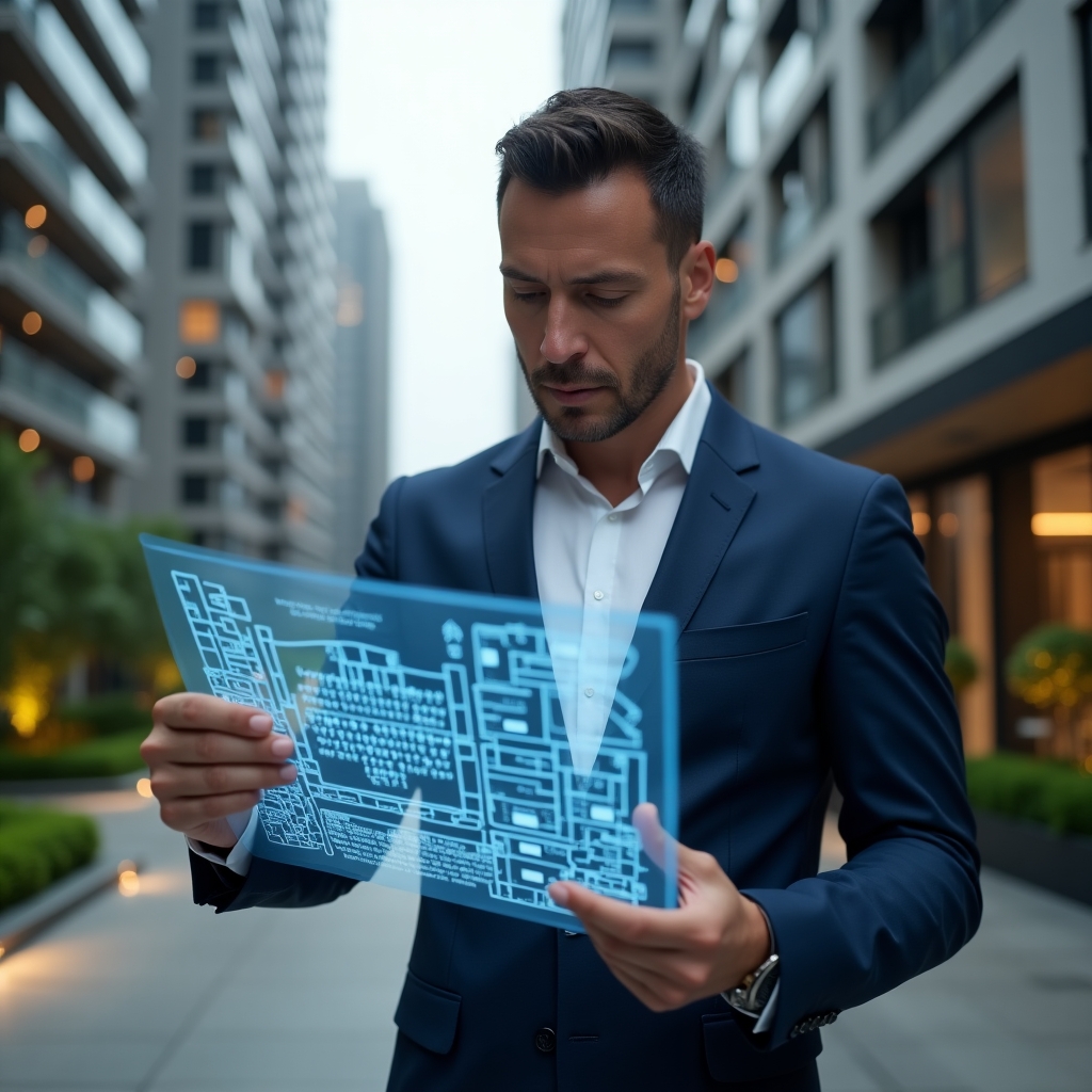 Ultra-realistic condominium manager in a navy blue tailored suit, set in a modern luxury condominium environment with high-rise buildings and manicured green landscaping, analyzing a holographic blueprint of unit layouts with highlighted fraction values, confident and focused expression, cinematic lighting, shallow depth of field, highly detailed textures, realistic skin, photographic realism, 8k resolution --ar 1:1 --v 6