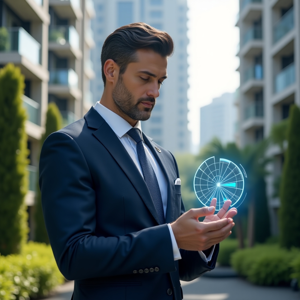 Ultra-realistic condominium manager in a navy executive suit, set in a modern luxury condominium environment with high-rise buildings and meticulously landscaped greenery, holding and examining a holographic pie chart representing unit fractions, confident and focused expression, cinematic lighting, shallow depth of field, highly detailed textures, realistic skin, photographic realism, 8k resolution --ar 1:1 --v 6