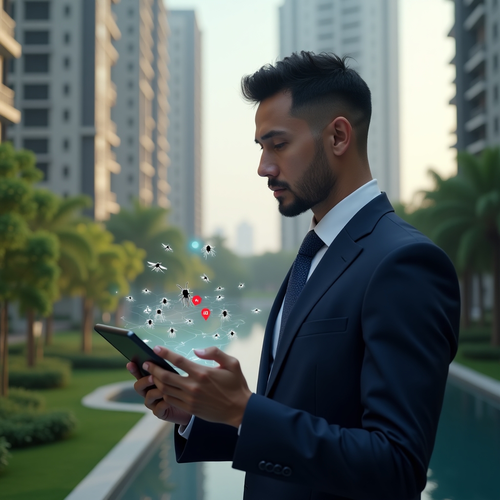 (Ultra-realistic condominium manager in a navy tailored suit, set in a modern luxury condominium environment with high-rise buildings and pristine green landscaping, holding a digital tablet displaying a holographic mosquito hotspot map, inspecting a common area with focused and determined expression, floating translucent mosquito icons with a red “no” symbol, cinematic lighting, shallow depth of field, highly detailed textures, realistic skin, photographic realism, 8k resolution --ar 1:1 --v 6)