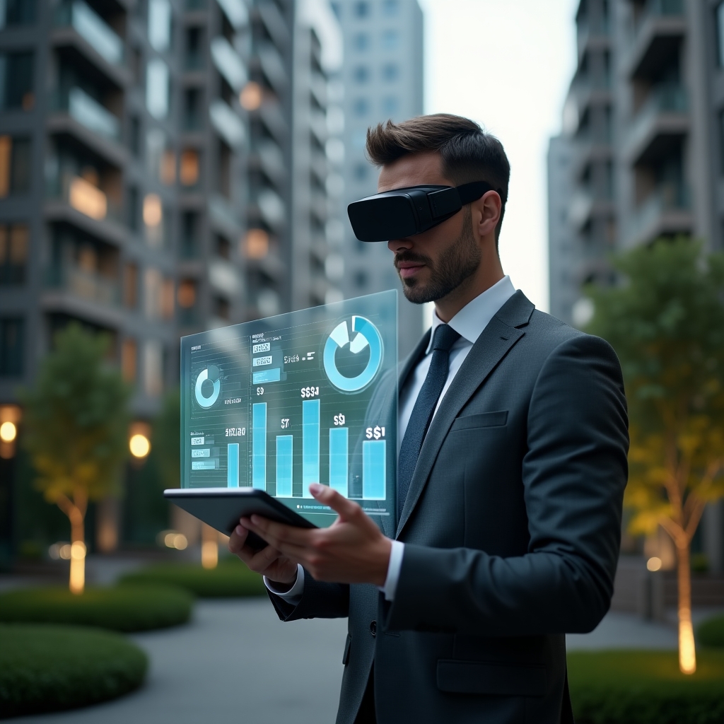 Ultra-realistic condominium manager in a dark gray tailored suit, set in a modern luxury condominium environment with high-rise buildings and manicured green landscaping, reviewing a floating holographic budget chart with thoughtful confidence, holding a tablet displaying expense breakdowns, symbolic glowing pie charts and dollar icons around, cinematic lighting, shallow depth of field, highly detailed textures, realistic skin, photographic realism, 8k resolution --ar 1:1 --v 6