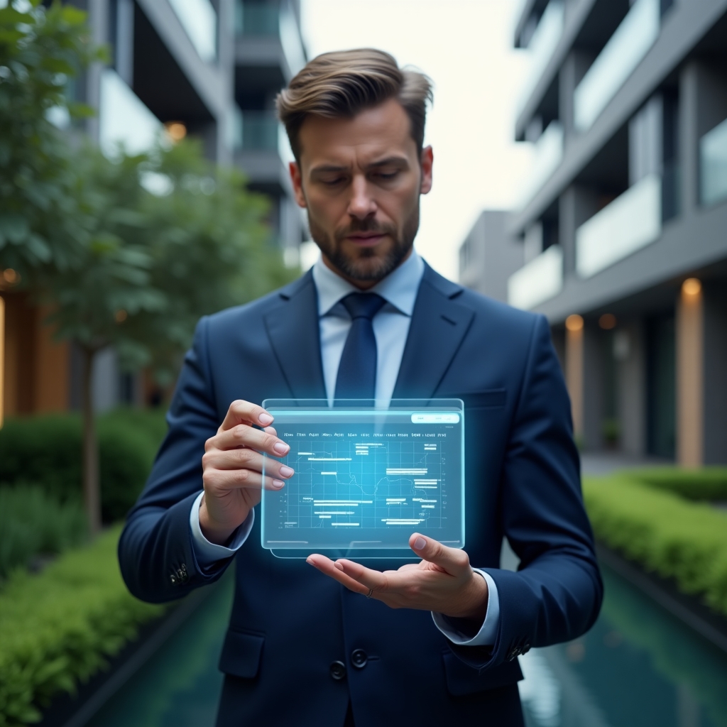 (Ultra-realistic condominium manager in a navy blue suit, set in a modern luxury condominium environment with high-rise buildings and lush green landscaping, medium shot of a confident professional analyzing a floating holographic schedule calendar, with digital timeline and task icons hologram, cinematic lighting, shallow depth of field, highly detailed textures, realistic skin, photographic realism, 8k resolution --ar 1:1 --v 6)