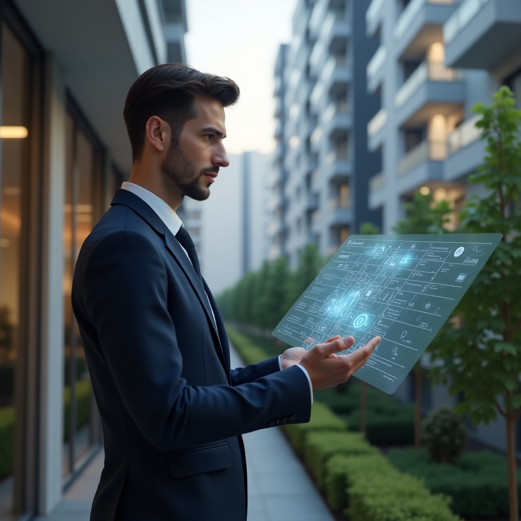 (Ultra-realistic condominium manager in a tailored navy suit, set in a modern luxury condominium environment with high-rise buildings and manicured green gardens, medium shot holding a floating holographic calendar with maintenance and assembly icons, analyzing the schedule with a confident, thoughtful expression, cinematic lighting, shallow depth of field, highly detailed textures, realistic skin, photographic realism, 8k resolution --ar 1:1 --v 6)