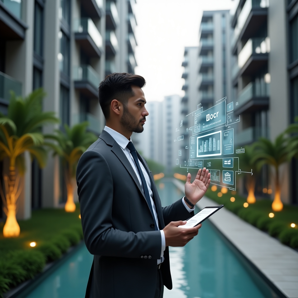 (Ultra-realistic condominium manager in a charcoal gray suit, set in a modern luxury condominium environment with high-rise buildings and meticulously landscaped greenery, holding a tablet and thoughtfully interacting with a floating holographic dashboard of an **aplicativo de gestão**, subtle icons of financial charts and reservation calendars orbiting around, cinematic lighting, shallow depth of field, highly detailed textures, realistic skin, photographic realism, 8k resolution --ar 1:1 --v 6)
