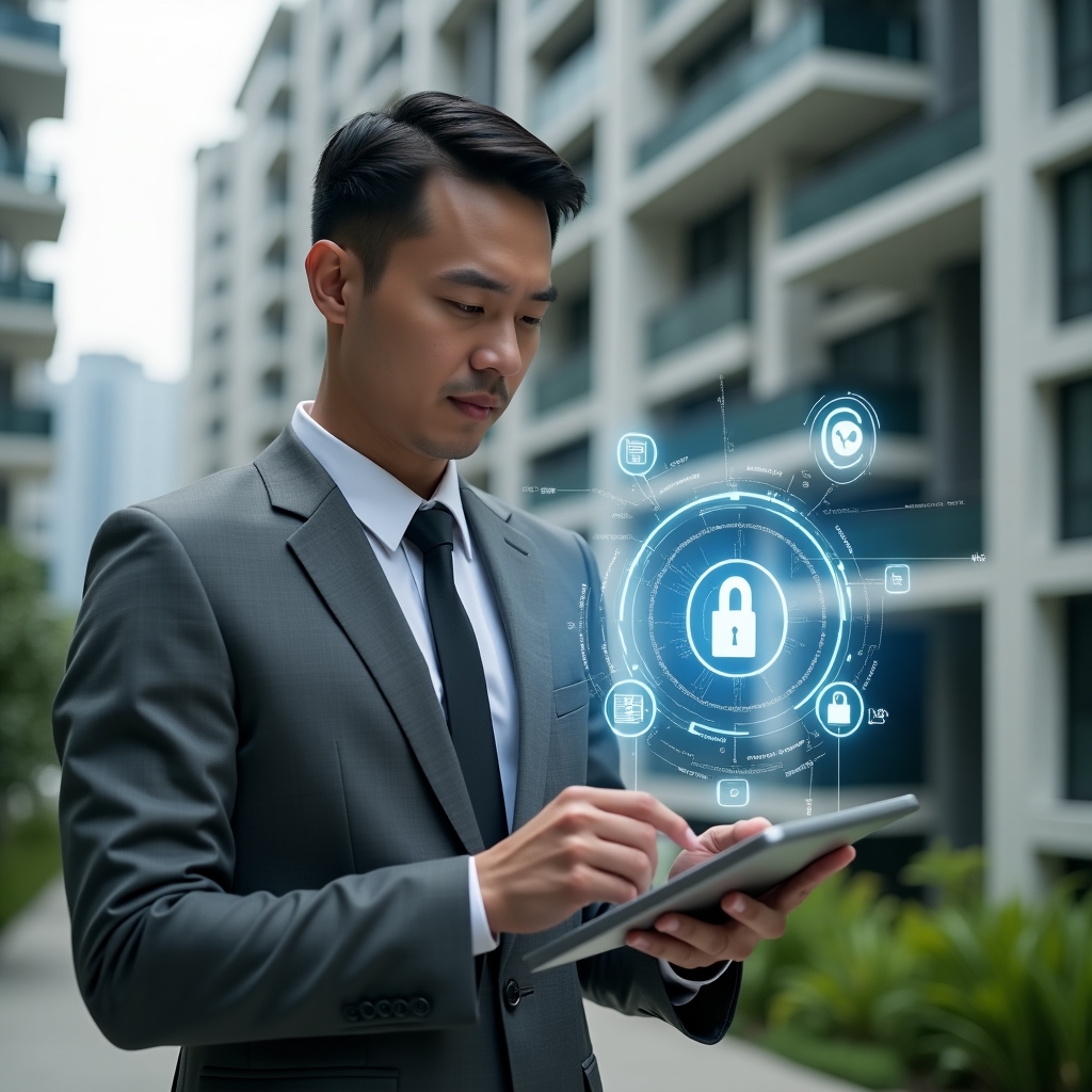 Ultra-realistic condominium manager in a sleek grey suit, set in a modern luxury condominium environment with high-rise buildings and green landscaping, holding a digital tablet while interacting with a floating holographic interface displaying app icons, security lock symbols and building schematics, confident and focused expression, cinematic lighting, shallow depth of field, highly detailed textures, realistic skin, photographic realism, 8k resolution --ar 1:1 --v 6