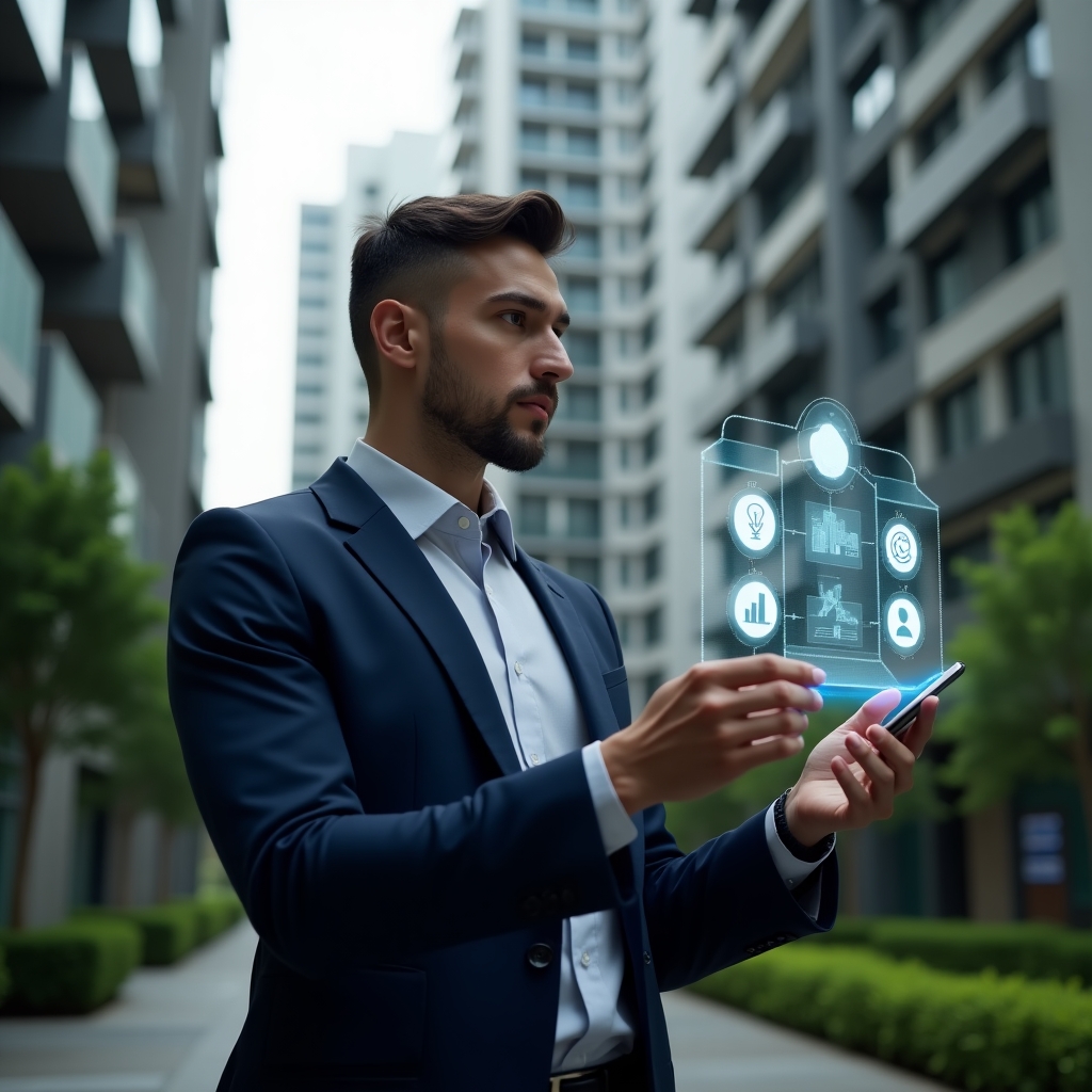 (Ultra-realistic condominium manager in a navy executive suit, set in a modern luxury condominium environment with high-rise buildings and meticulously landscaped greenery, examining a floating holographic interface of a condo management app with icons for security, finance and community engagement, confident and focused expression, cinematic lighting, shallow depth of field, highly detailed textures, realistic skin, photographic realism, 8k resolution --ar 1:1 --v 6)