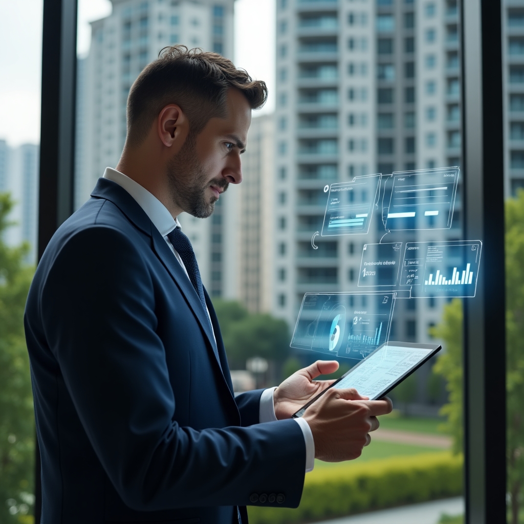 Ultra-realistic condo manager in a tailored navy suit, set in a modern luxury condominium environment with high-rise buildings and lush green landscaping, holding a tablet and analyzing a holographic interface of financial charts, bank integration icons, and feature checklists floating around, confident and focused expression, cinematic lighting, shallow depth of field, highly detailed textures, realistic skin, photographic realism, 8k resolution --ar 1:1 --v 6